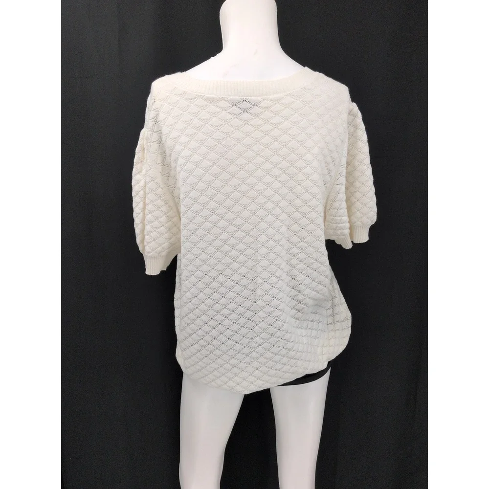 LOFT Ivory Pointelle Diamond Knit Top Puff Sleeve Feminine Cottage Dainty XLarge